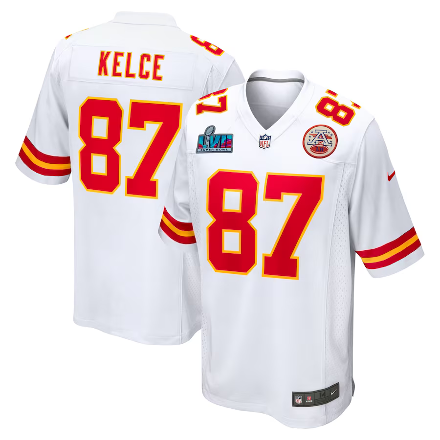 Men's Kansas City Chiefs Travis Kelce #87 White Super Bowl LVII Patch Away Jersey